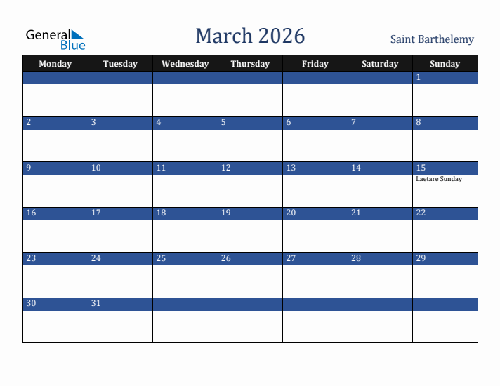 March 2026 Saint Barthelemy Calendar (Monday Start)