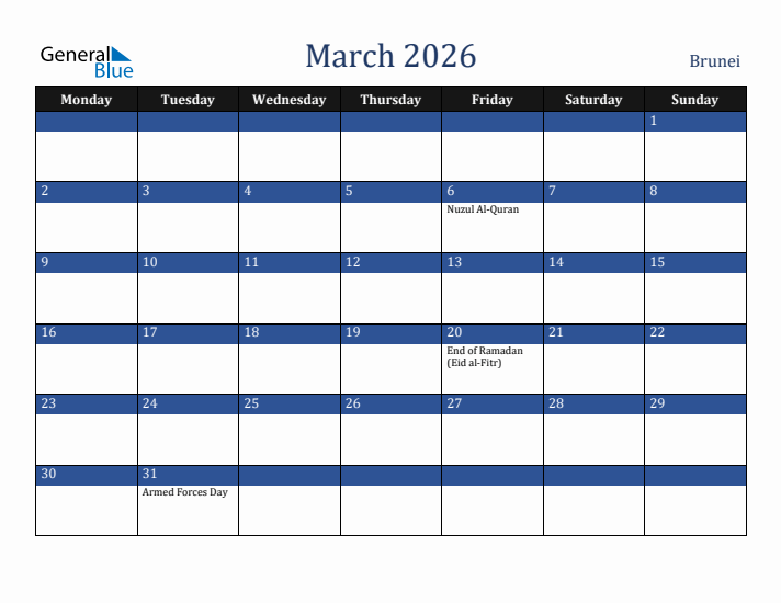 March 2026 Brunei Calendar (Monday Start)