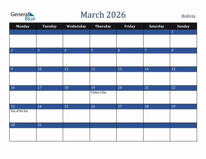 March 2026 Bolivia Calendar (Monday Start)