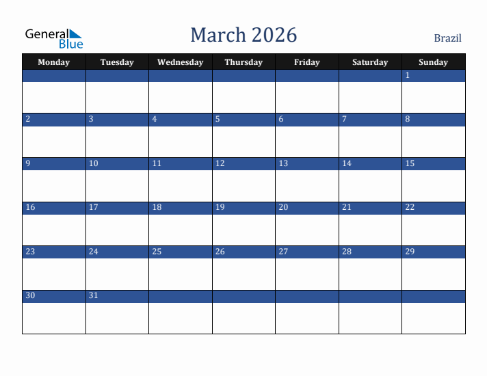 March 2026 Brazil Calendar (Monday Start)