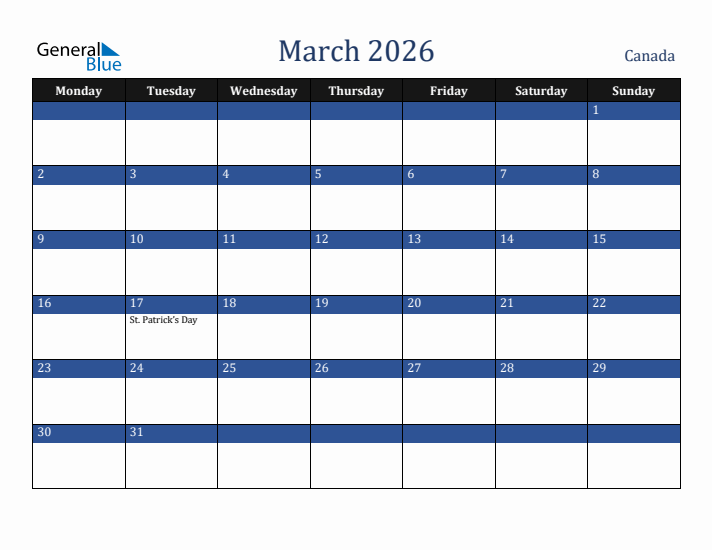 March 2026 Canada Calendar (Monday Start)
