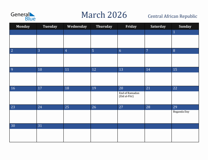 March 2026 Central African Republic Calendar (Monday Start)