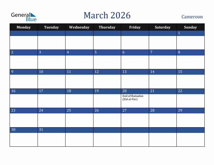 March 2026 Cameroon Calendar (Monday Start)