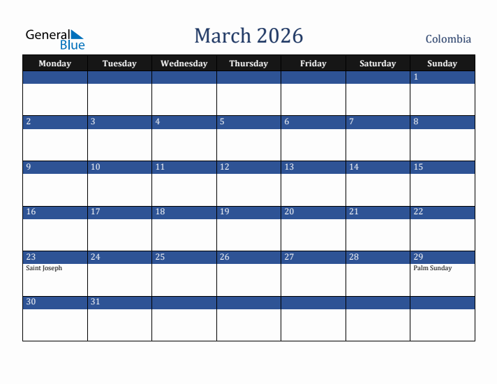 March 2026 Colombia Calendar (Monday Start)