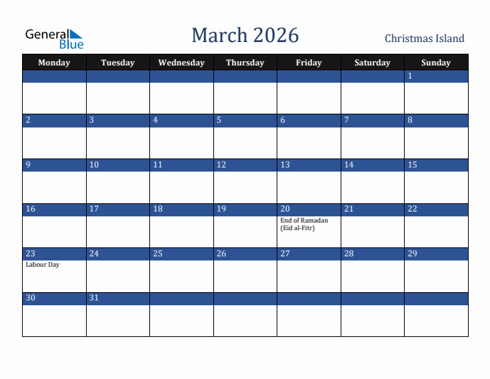 March 2026 Christmas Island Calendar (Monday Start)