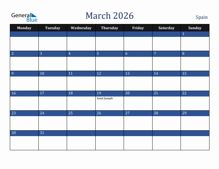 March 2026 Spain Calendar (Monday Start)