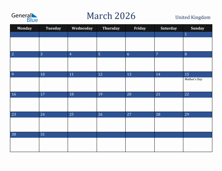 March 2026 United Kingdom Calendar (Monday Start)