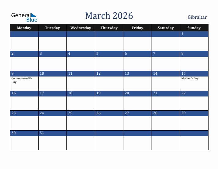 March 2026 Gibraltar Calendar (Monday Start)