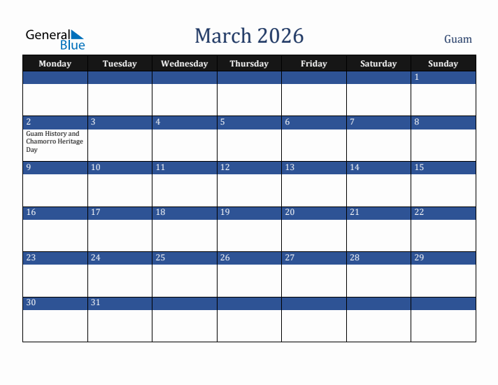 March 2026 Guam Calendar (Monday Start)