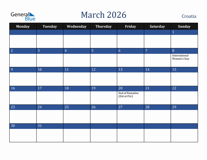 March 2026 Croatia Calendar (Monday Start)