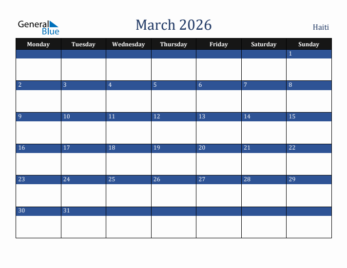 March 2026 Haiti Calendar (Monday Start)