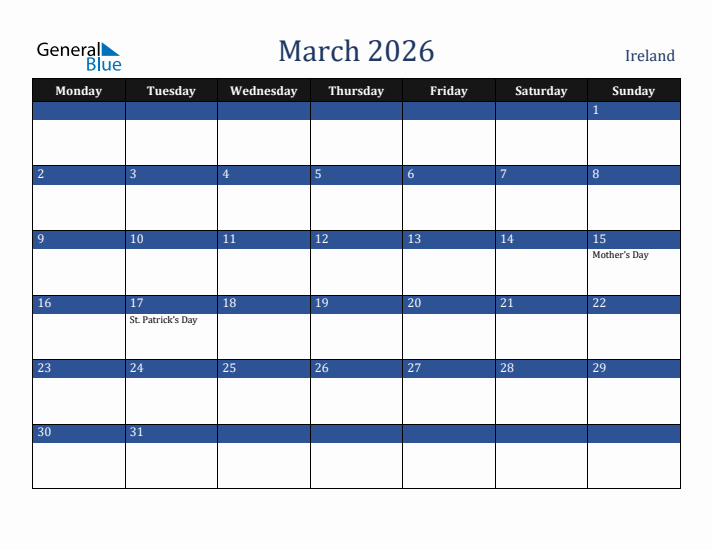 March 2026 Ireland Calendar (Monday Start)