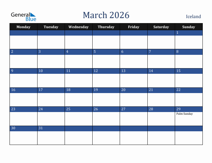 March 2026 Iceland Calendar (Monday Start)