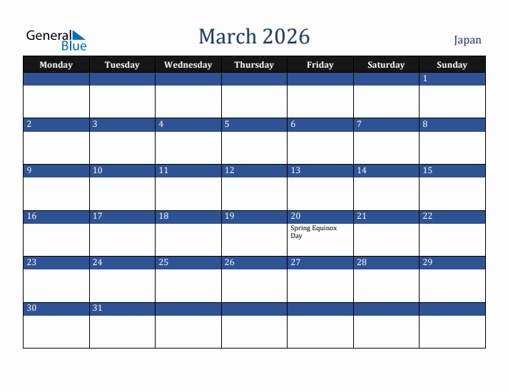 March 2026 Japan Calendar (Monday Start)