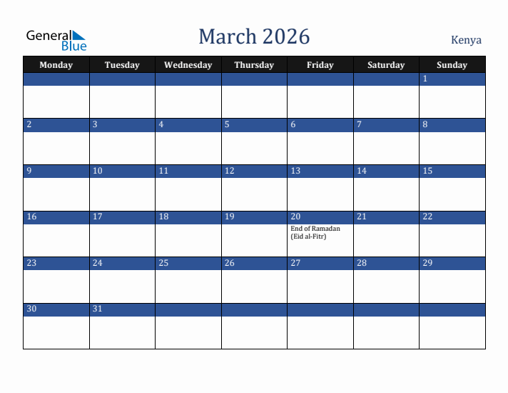 March 2026 Kenya Calendar (Monday Start)