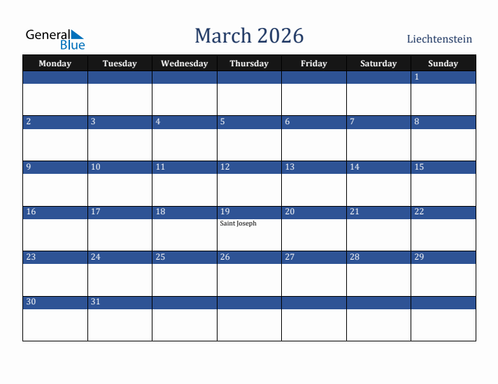March 2026 Liechtenstein Calendar (Monday Start)