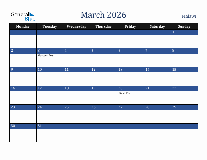 March 2026 Malawi Calendar (Monday Start)