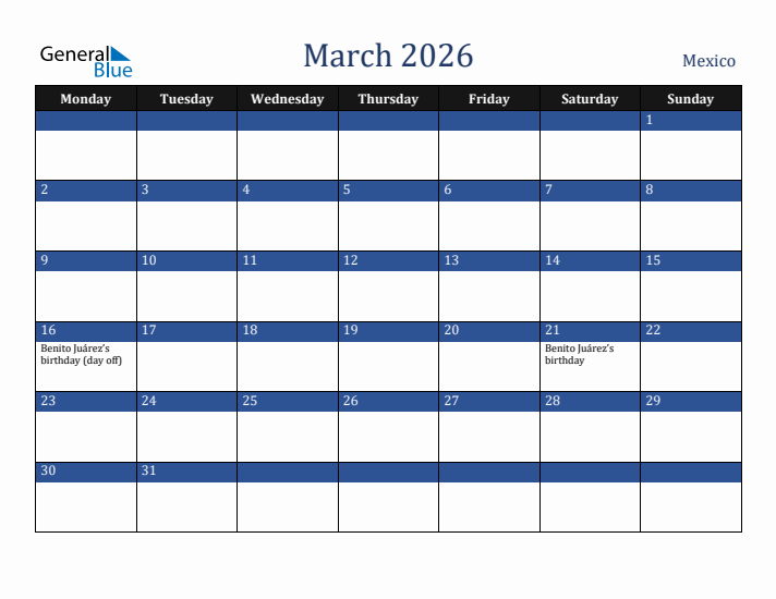 March 2026 Mexico Calendar (Monday Start)