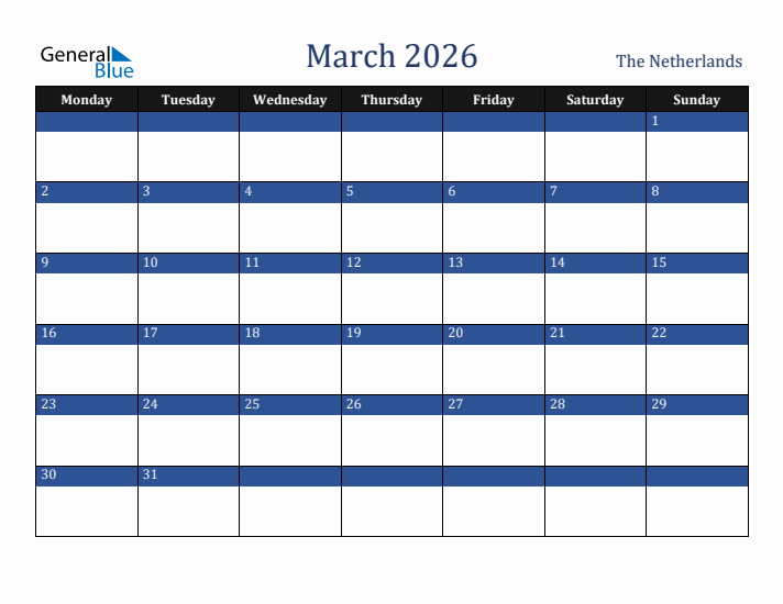 March 2026 The Netherlands Calendar (Monday Start)