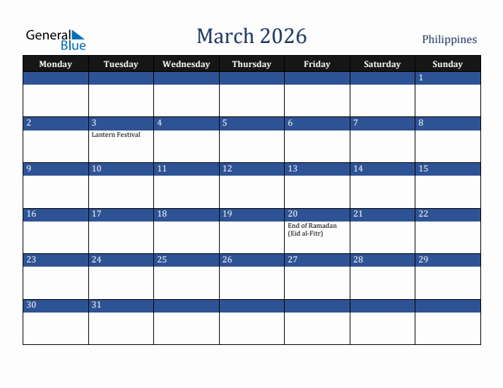 March 2026 Philippines Calendar (Monday Start)