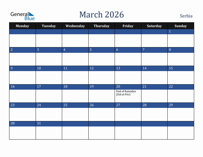 March 2026 Serbia Calendar (Monday Start)