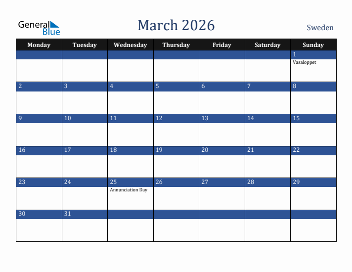 March 2026 Sweden Calendar (Monday Start)