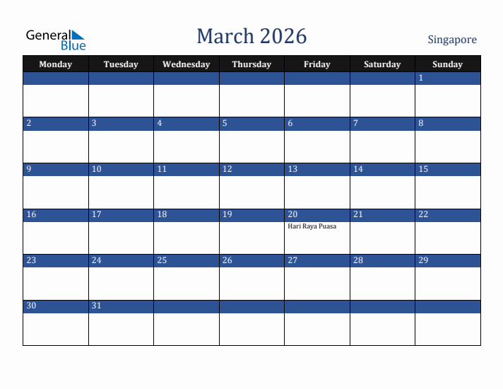 March 2026 Singapore Calendar (Monday Start)