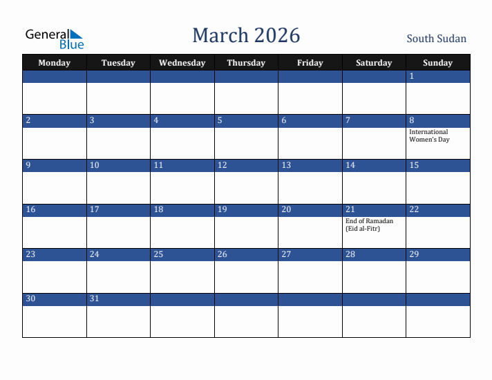 March 2026 South Sudan Calendar (Monday Start)