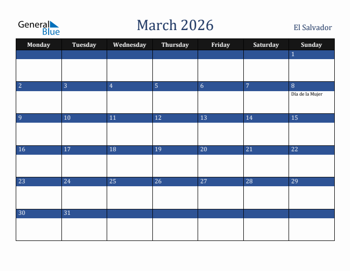 March 2026 El Salvador Calendar (Monday Start)