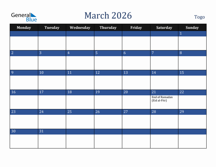 March 2026 Togo Calendar (Monday Start)