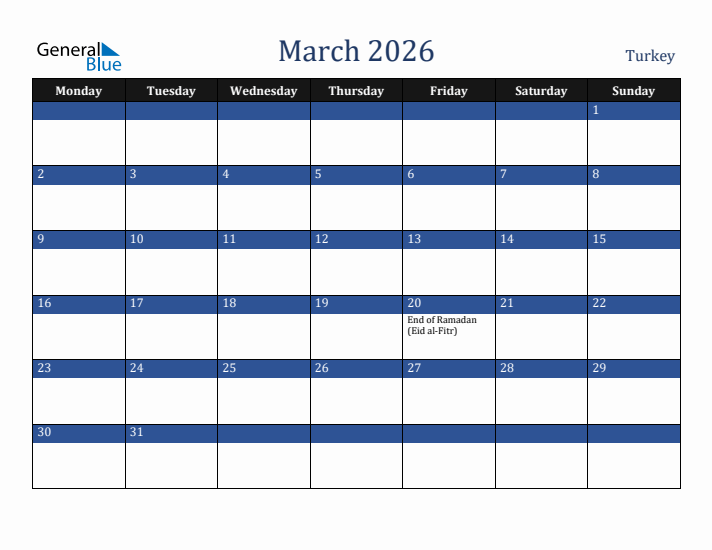 March 2026 Turkey Calendar (Monday Start)