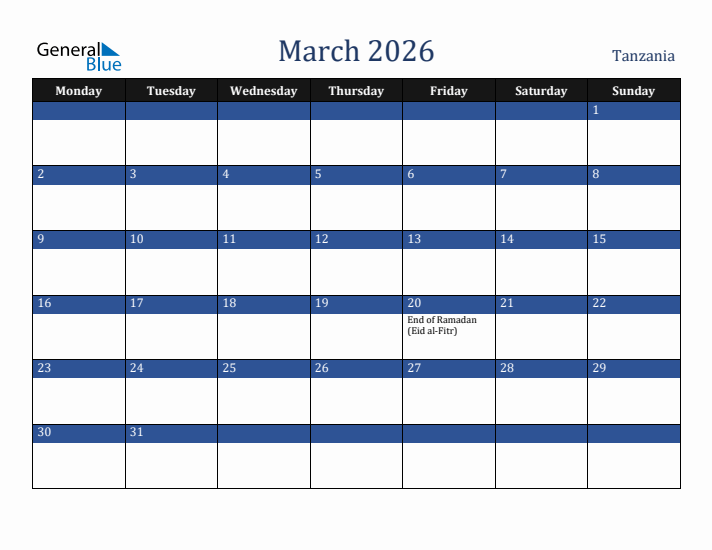 March 2026 Tanzania Calendar (Monday Start)