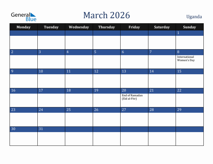 March 2026 Uganda Calendar (Monday Start)