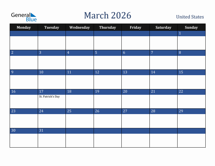 March 2026 United States Calendar (Monday Start)