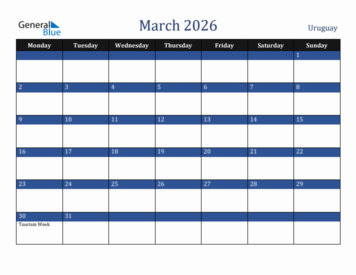 March 2026 Uruguay Calendar (Monday Start)