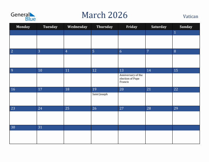 March 2026 Vatican Calendar (Monday Start)