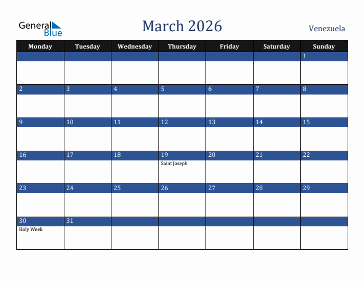 March 2026 Venezuela Calendar (Monday Start)