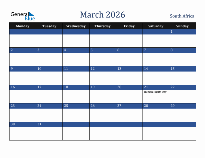 March 2026 South Africa Calendar (Monday Start)