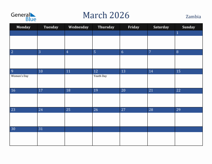March 2026 Zambia Calendar (Monday Start)