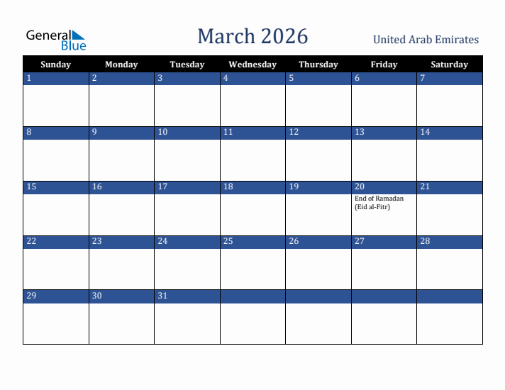March 2026 United Arab Emirates Calendar (Sunday Start)