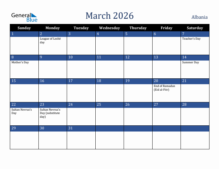 March 2026 Albania Calendar (Sunday Start)