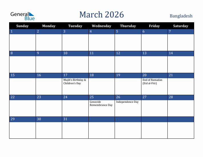 March 2026 Bangladesh Calendar (Sunday Start)
