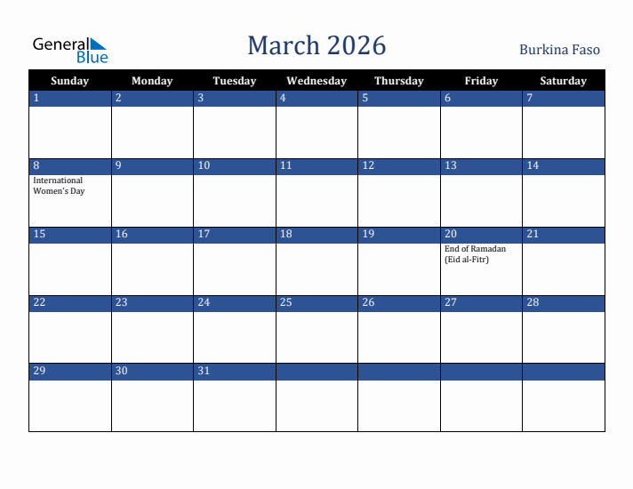 March 2026 Burkina Faso Calendar (Sunday Start)