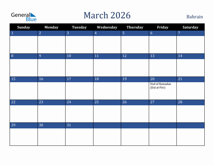 March 2026 Bahrain Calendar (Sunday Start)