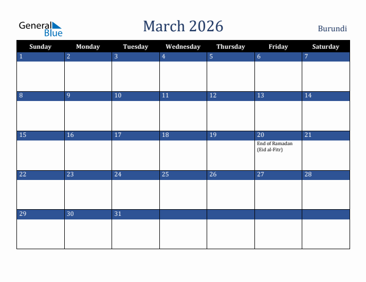 March 2026 Burundi Calendar (Sunday Start)