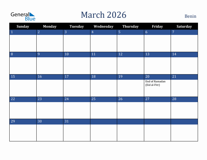 March 2026 Benin Calendar (Sunday Start)