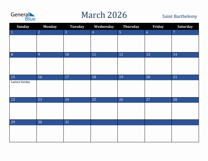 March 2026 Saint Barthelemy Calendar (Sunday Start)