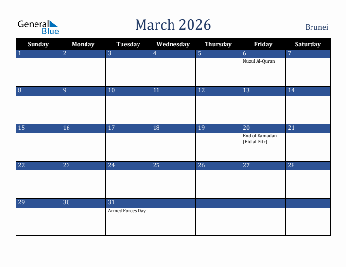 March 2026 Brunei Calendar (Sunday Start)