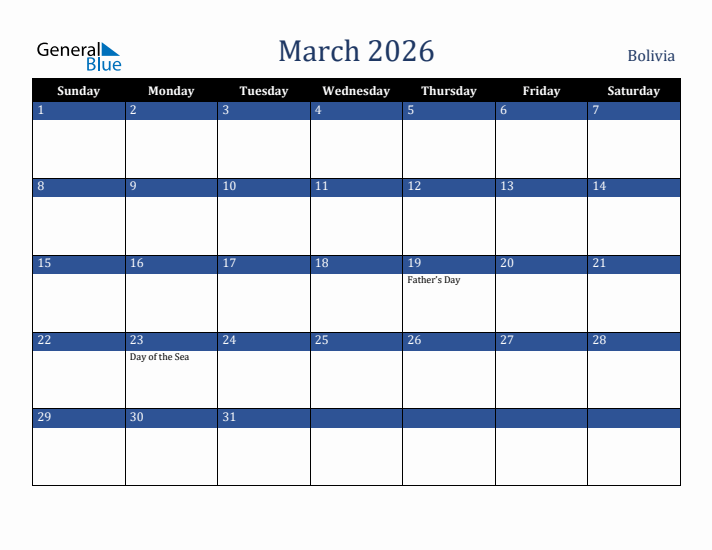 March 2026 Bolivia Calendar (Sunday Start)
