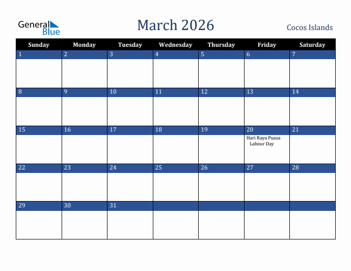 March 2026 Cocos Islands Calendar (Sunday Start)